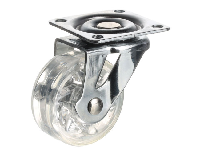 Nábytkové koliesko D50, platnička 50x50 mm, mäkčený behúň, transparentná biela